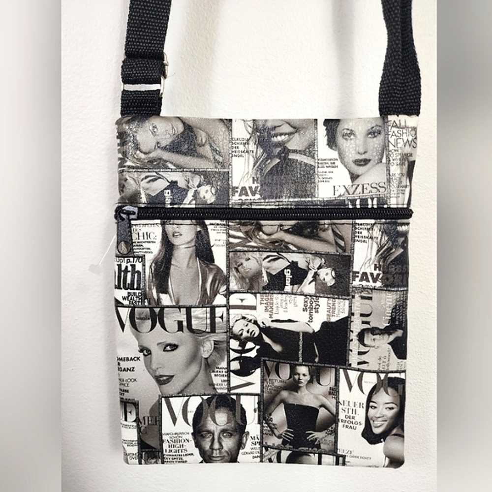 Vogue Print Black + White Women's Crossbody Bag Adjustable Strap